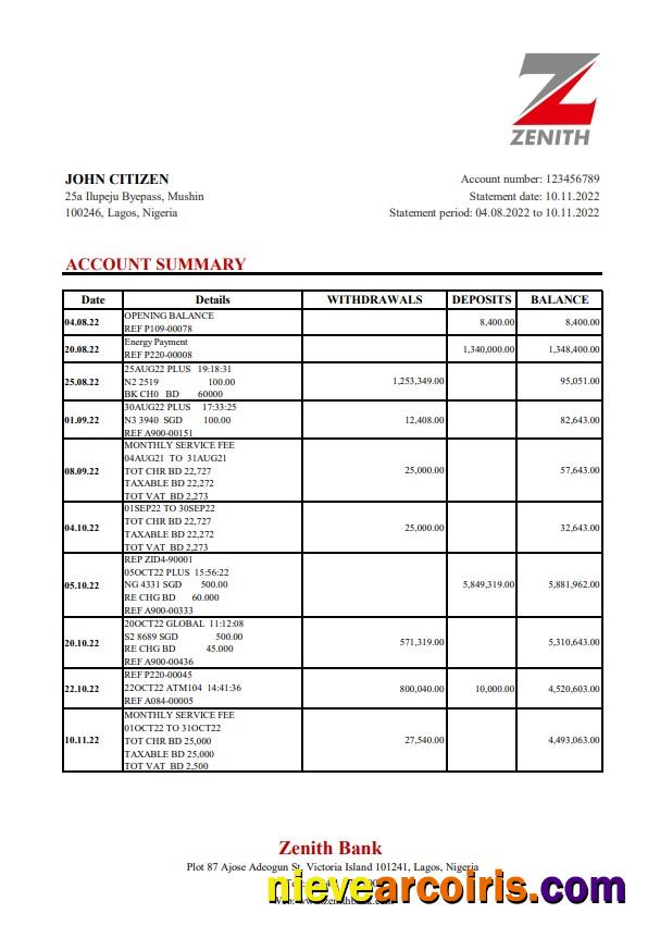 Nigeria Zenith Bank statement xls
